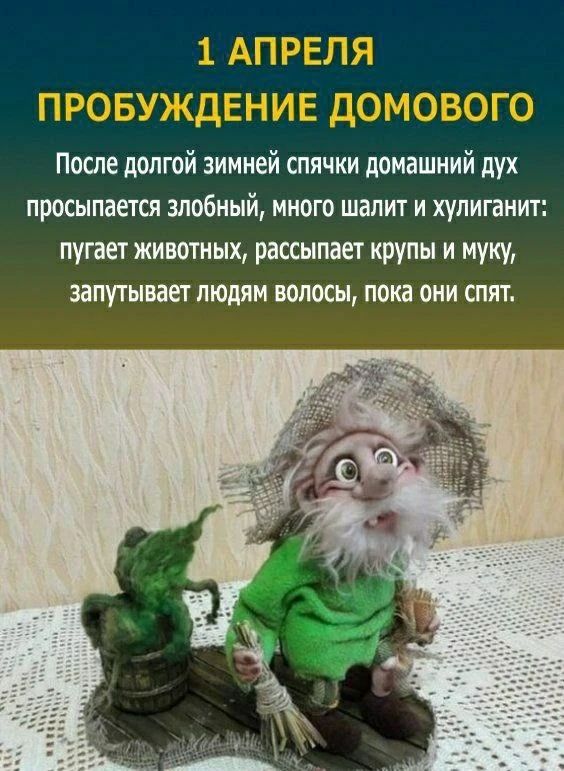 1 АПРЕЛЯ ПРОБУЖДЕНИЕ ДОМОВОГО После долгой зимней спячки домашний дух просыпается злобный, много шалит и хулиганит: пугает животных, рассыпает крупы и муку, запутывает людям волосы, пока они спят.