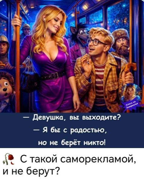 Девушка, вы выходите? Я бы с радостью, но не берёт никто! С такой саморекламой, и не берут?