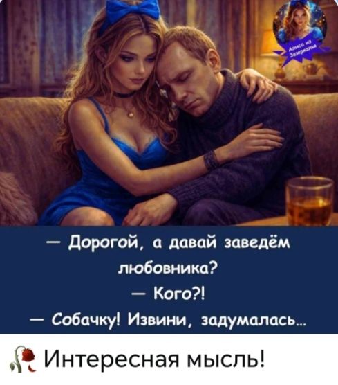 Дорогой, а давай заведём любовника? Кого?! Собачку! Извини, задумалась... Интересная мысль! Алиса из Зазеркалья