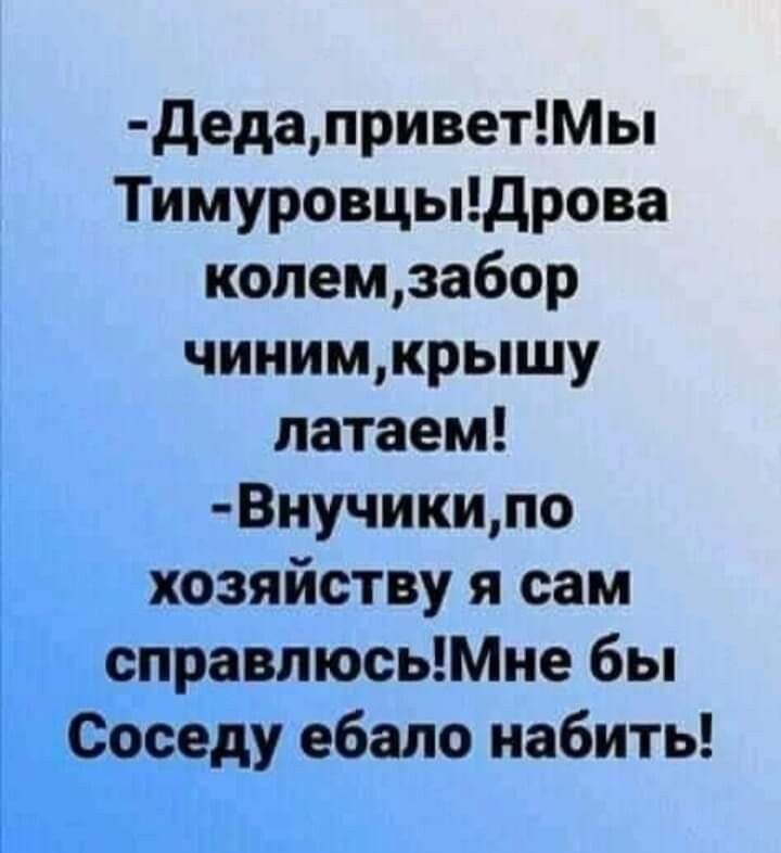 дедаприветМы Тимуровцыщрова копемзабор чинимкрышу патаем Виучикипо хозяйству я сам справлюсьМие бы Соседу ебало набить