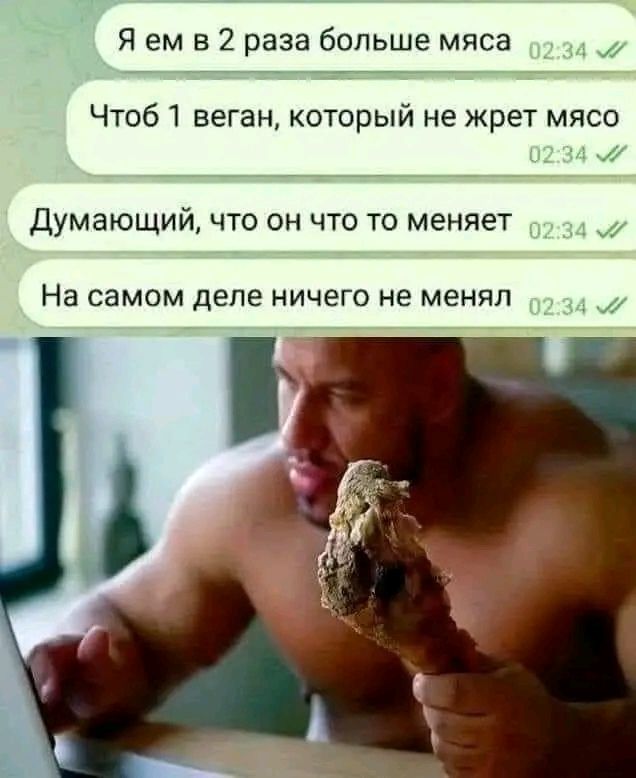 Я ем 2 раза больше мяса Чтоб веган который не жрет мясо Думающий что он что то меняет На самом деле ничего не менял _