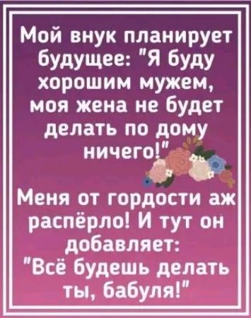 Мой внук планирует будущее Я буду хорошим мужем моя жена не будет делать по дому ничегод Меня от гордости аж распёрло И тут он добавляет Всё будешь делать ты бабуля