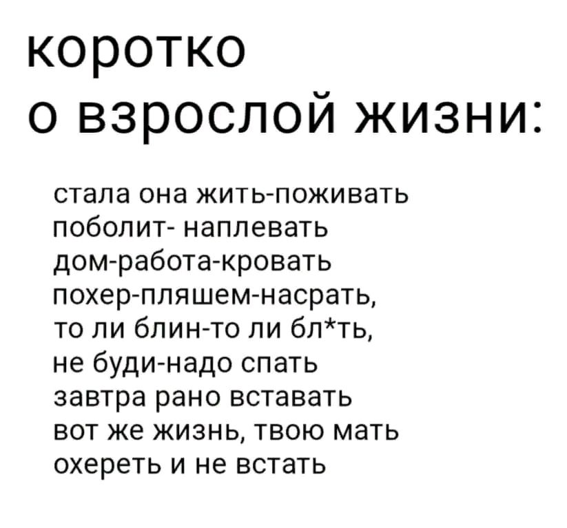 коротко о взрослой жизни СТЭПЗ она ЖИТЬ ПОЖИВЗТЬ побопит наплевать дом работа кровать похер ппяшем насрать то ли блин то ли блть не буди надо спать ЗЕВТРЗ рано ВСТЗВЗТЬ вот же жизнь твою мать охереть и не встать