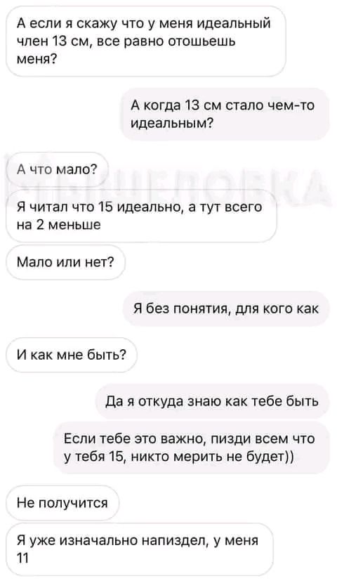 А если я скажу что у меня идеальный член 13 см все равно отошьешь меня А когда 13 см стало чем то идеальным А что мало Я читал что 15 идеально а тут всего на 2 меньше Мало или нет Я без понятия для кого как И как мне быть Да и откуда знаю как тебе быть Если тебе это важно пизди всем что у тебя 15 никто мерить не будет Не получ ится Я уже изначально напиздел у меня 11
