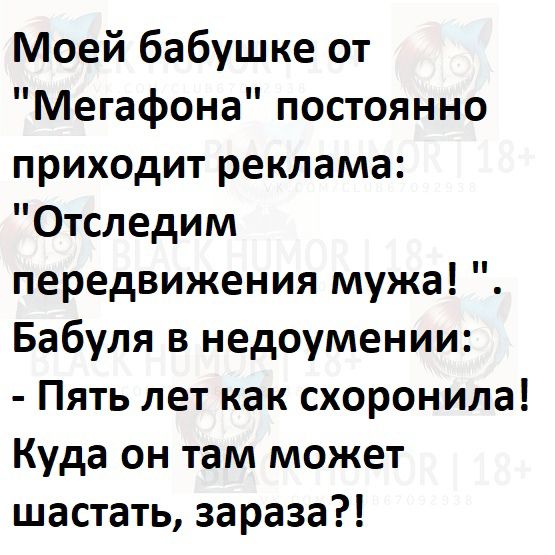 Моей бабушке от Мегафона постоянно приходит реклама Отследим передвижения мужа Бабуля в недоумении Пять лет как схоронила Куда он там может шастать зараза