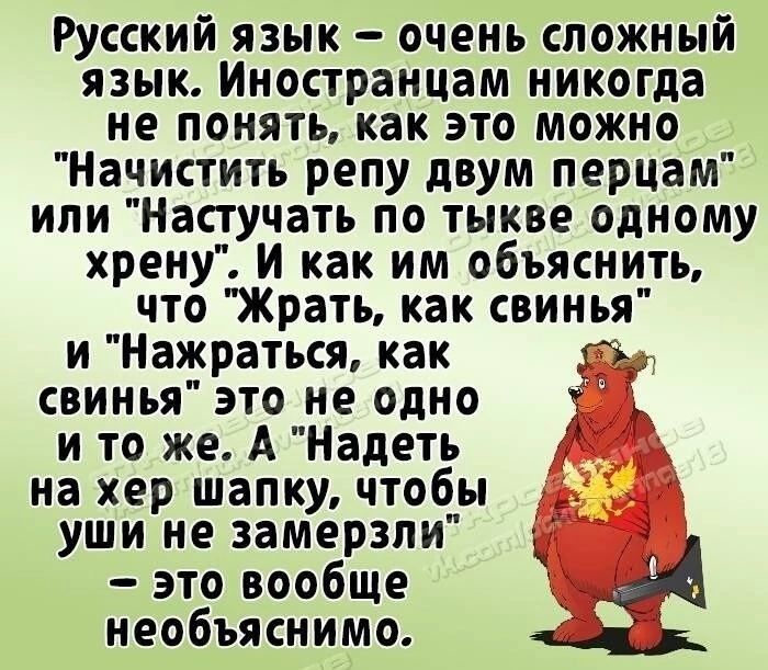 Русский язык очень сложный язык Иностранцам никогда не понять как это можно Начистить репу двум перцам ипи Настучать по тыкве одному хрену и как им объяснить что Жрать как свинья и Нажраться как г свинья это не одно г _ и то же А Надеть на хер шапку чтобы уши не замерзли это вообще А необъяснимо