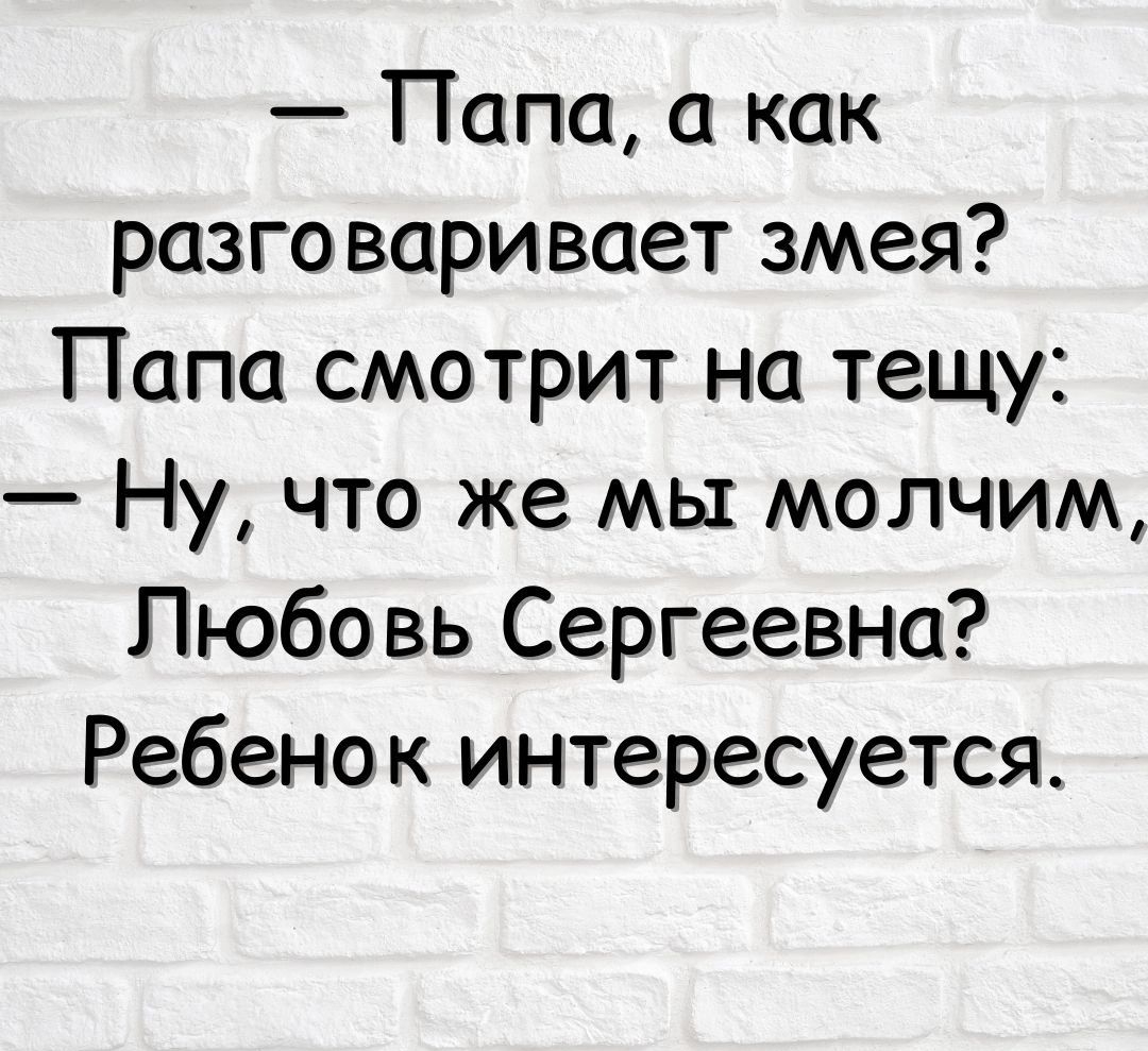 Папа а как разговаривает змея Папа смотрит на тещу Ну что же мы молчим Любовь Сергеевна Ребенок интересуется ххі оКеэ