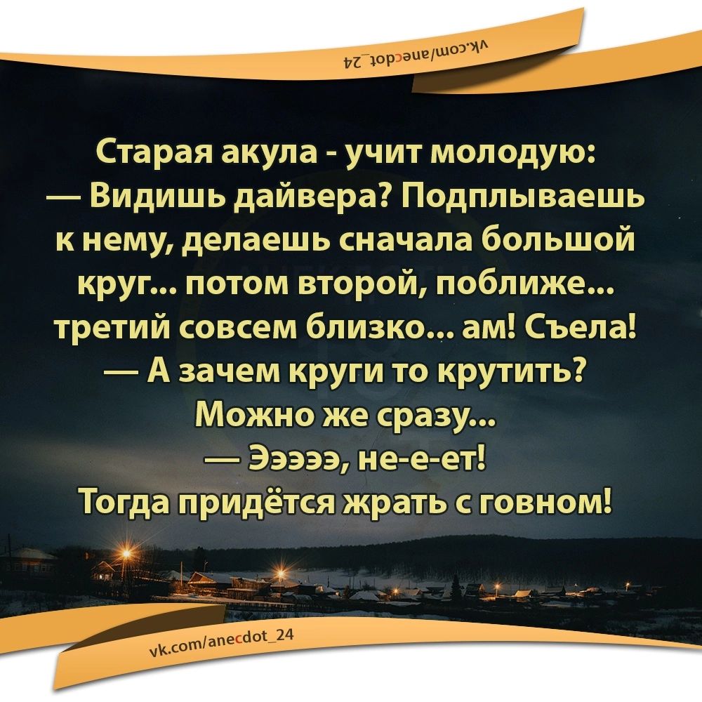 Старая акула учит молодую Видишь дайвера Подппываешь к нему делаешь сначала большой круг потом второй поближе третий совсем близко ам Съепа А зачем круги то крутить Можно же сразу Эээээ не е ет Тогда придётся жрать говном