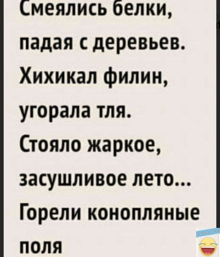 Смеялись белки падая деревьев Хихикал филин угорала тля Стояло жаркое засушливое лето Горели конопляные поля