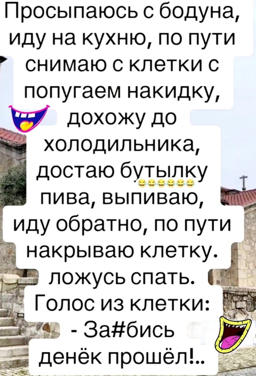 Просыпаюсь с бодуна иду на кухню по пути снимаю с клетки с попугаем накидку дохожу до холодильника достаю бдэЛБУ пива выпиваю иду обратно по пути накрываю клетку ложусь спать _ж __Забисн Ц денек прошел