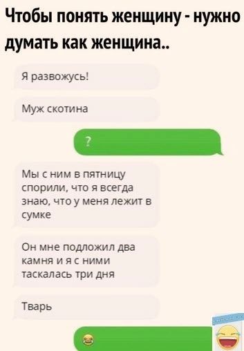 Чтобы понять женщину нужно думать как женщина 54 развожусь Муж скотина Мы с ним в пятниш спорили что я всегда знаю что у меня лежит в сумке Он мне подложил два камня и я ними таскапась три дня Тварь _