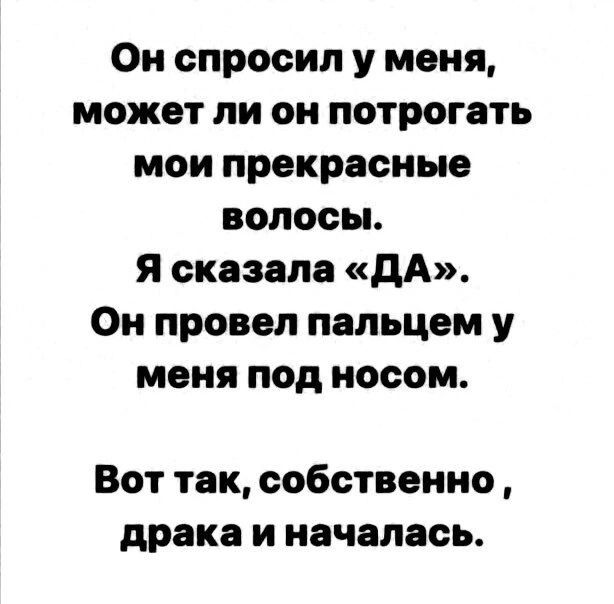 Он спросил у меня может ли он потрогать мои прекрасные волосы Я сказала дА Он провел пальцем у меня под носом Вот так собственно драка и началась