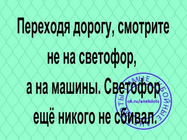 Переходя дорогу смотрите нена светофор ана машины Све7о ещё никого не сбивал