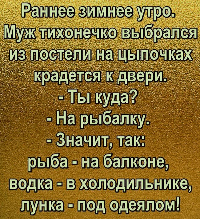 Раннее зимнее утро. Муж тихонечко выбрался из постели на цыпочках, крадется к двери. - Ты куда? - На рыбалку. - Значит, так: рыба - на балконе, водка - в холодильнике, лунка - под одеялом!