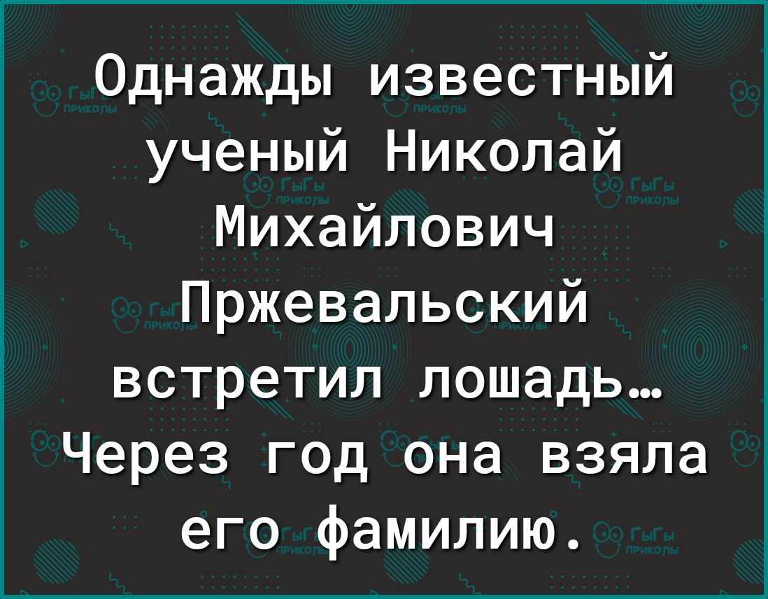 Однажды известный ученый Николай Михайлович Пржевальский встретил лошадь Через год она взяла его фамилию