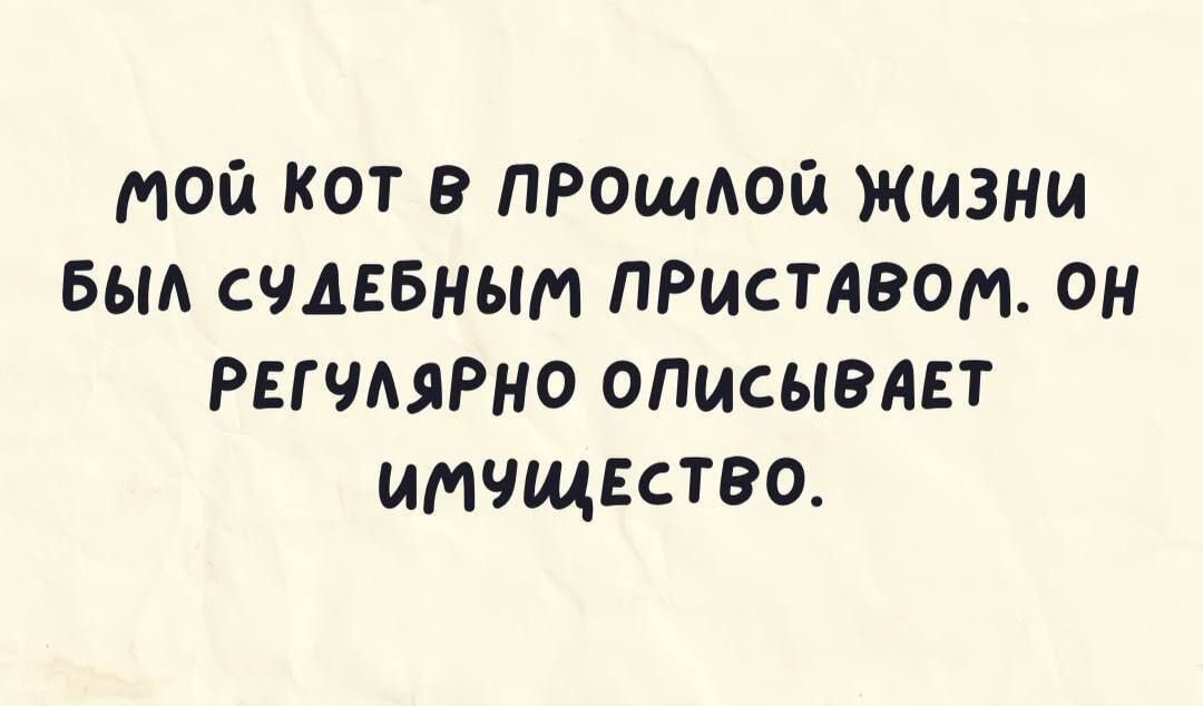 МОЙ КОТ В ПРОЩАОЙ ЖИЗНИ БЫА СЧДЕБНЫМ ПРИСТАВОМ ОН РЕГЧАЯРНО ОПИСЫВЛЕТ ИМЧщЕсТВО