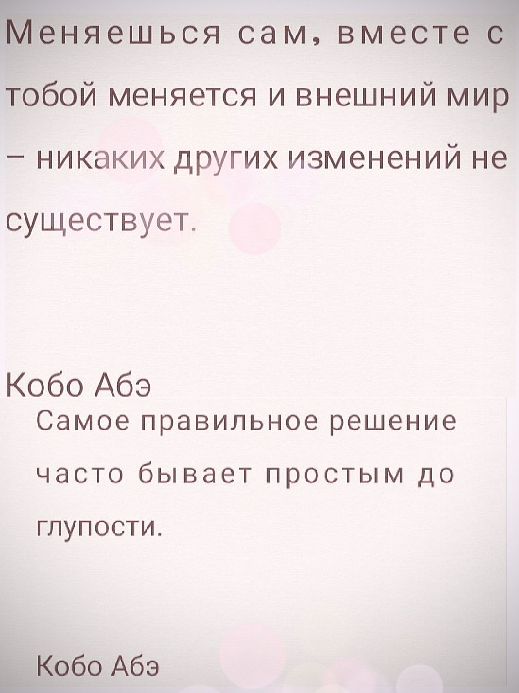 Меняйся сам, вместе с тобой меняется и внешний мир – никаких других изменений не существует.

Кобо Абэ
Самое правильное решение часто бывает простым до глупости.

Кобо Абэ