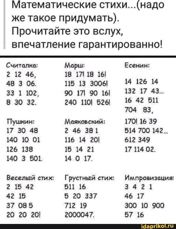 Математические стихинадо же такое придумать Прочитайте это вслух впечатление гарантированно Считалка м Есенин 1 46 за 17 13 хы да з 06 115 из 3006 14 126 14 за 1 102 90 171 90 16 132 17 43 в 30 32 240 по 5261 16 42 511 704 за Пунш Мы ша под 16 39 17 за 48 ца звх 514700142 140 10 01 116 14 20 612 349 126 133 15 14 21 17 02 но 3 501 и о 17 Веселый Грустный етих Импршшм 21542 51116 3421 42 15 5 20 33