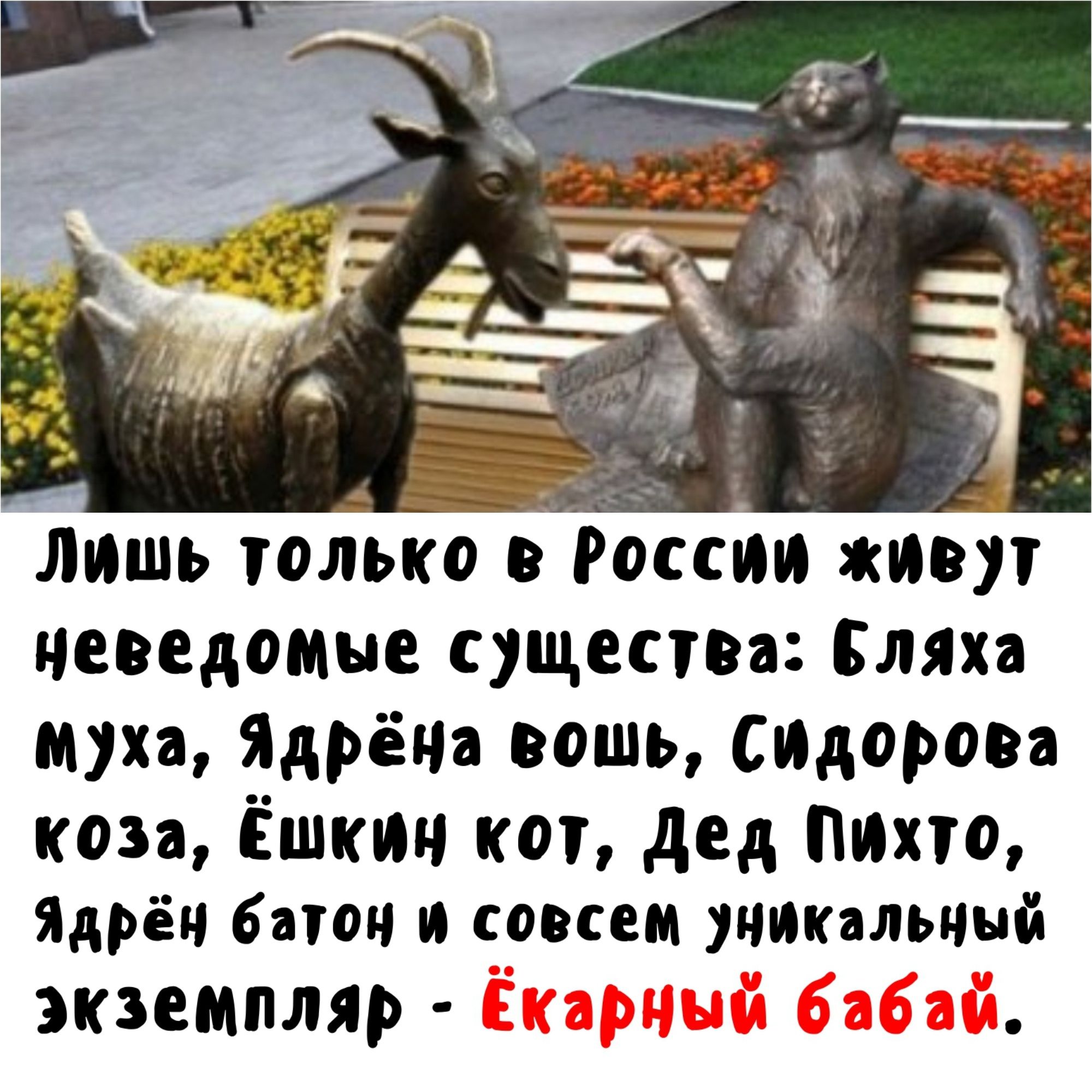 Лишь только в России живут неведомые существа Бля муха Ядречя вошь спдорова коза Ёшкин кот дед Пино Ядрёч батон и совсем уникальчый экземпляр