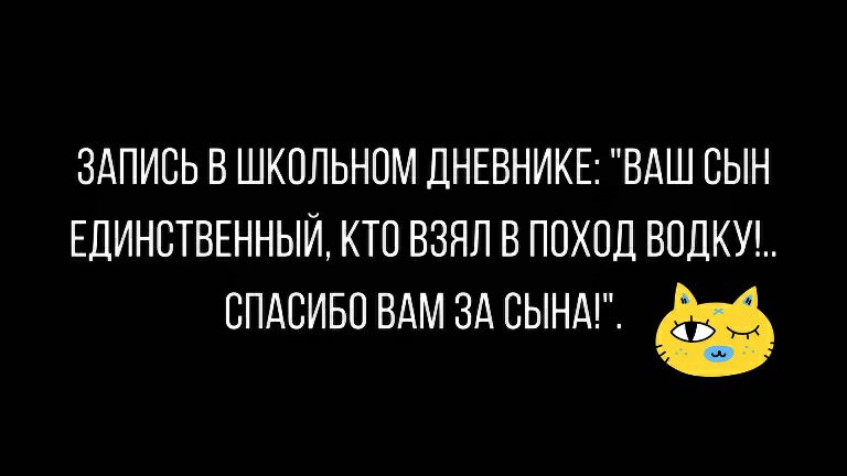 ЗАПИСЬ В ШКОЛЬНОМ ДНЕВНИКЕ ВАШ СЫН ЕДИНСТВЕННЫЙ КТО ВЗЯЛ В ПОХОД ВОДКУ СПАСИБО ВАМ 3 СЫНЦ