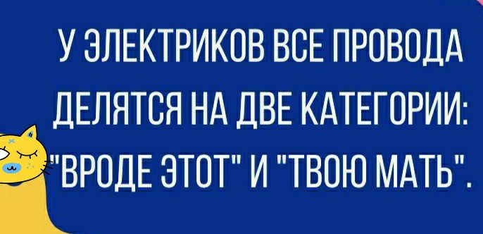 У ЗЛЕКТРИКОВ ВСЕ ПРОВОДА _ ДЕЛЯТСЯ Н ДВЕ КАТЕГОРИИ ЁВРОДЕ ЭТОТ И ТВОЮ МАТЬ