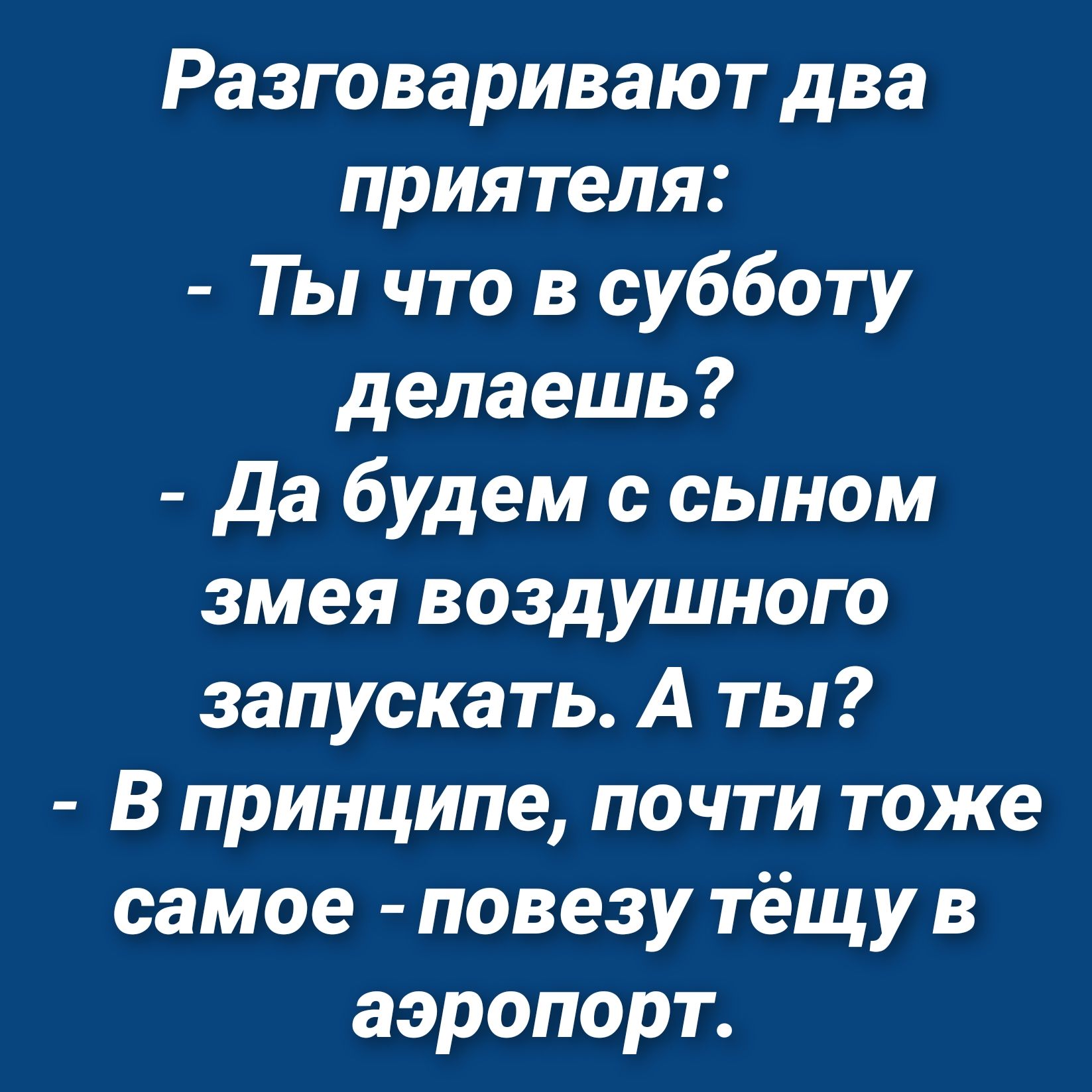 Разговаривают два приятеля Ты что в субботу делаешь да будем с сыном змея воздушного запускать А ты В принципе почти тоже самое повезу тёщу в аэропорт