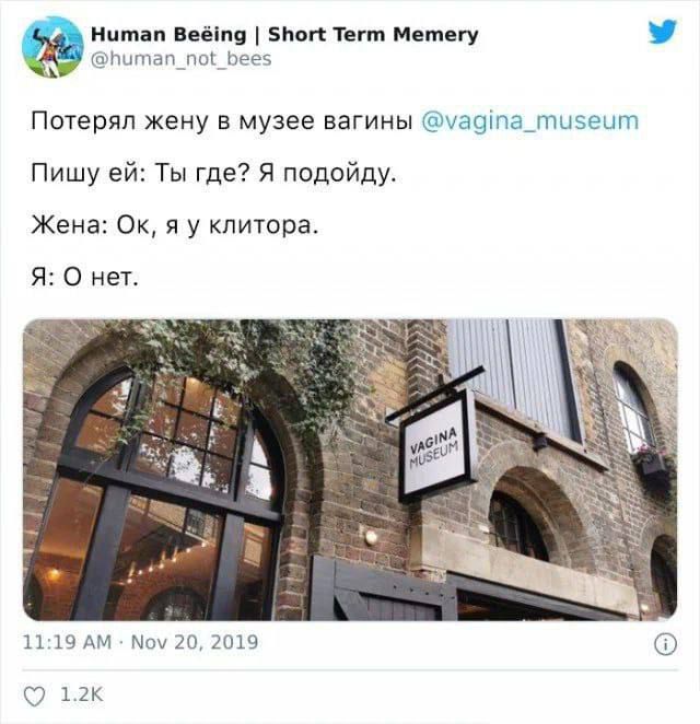 Потерял жену в музее вагины @vagina_museum Пишу ей: Ты где? Я подойду. Жена: Ок, я у клитора. Я: О нет.
