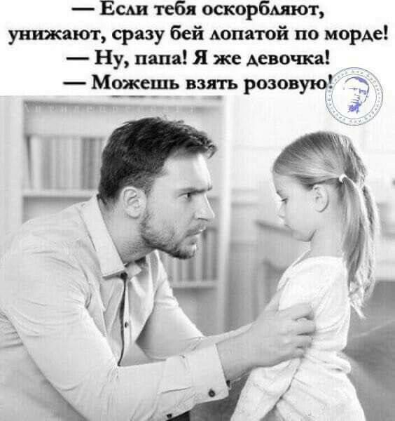 Если тебя оскорбляют унижают сразу бей лопатой по морде Ну папа Я же девочка Можешь взять розовую