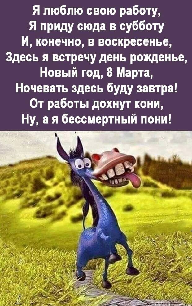 Я люблю свою работу Я приду сюда в субботу И конечно в воскресенье Здесь я встречу день рожденье Новый год 8 Марта Ночевать здесь буду завтра От работы дохнут кони Ну ая бессмертный пони