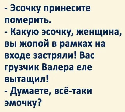 Эсочку принесите померить Какую эсочку женщина вы жопой в рамках на входе застряли Вас грузчик Валера еле вытащил Думаете всё таки эмочку