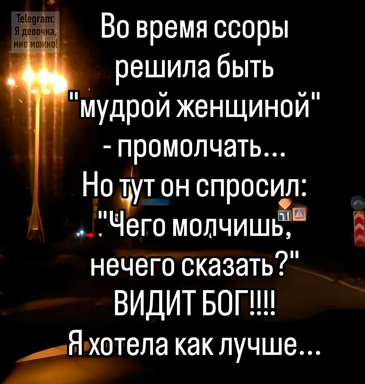 Во время ссоры решила быть мудрой женщиной промолчать Но аут он спросил Чего молчише нечего сказать ВИДИТ БОГ _Мхотела как лучше а