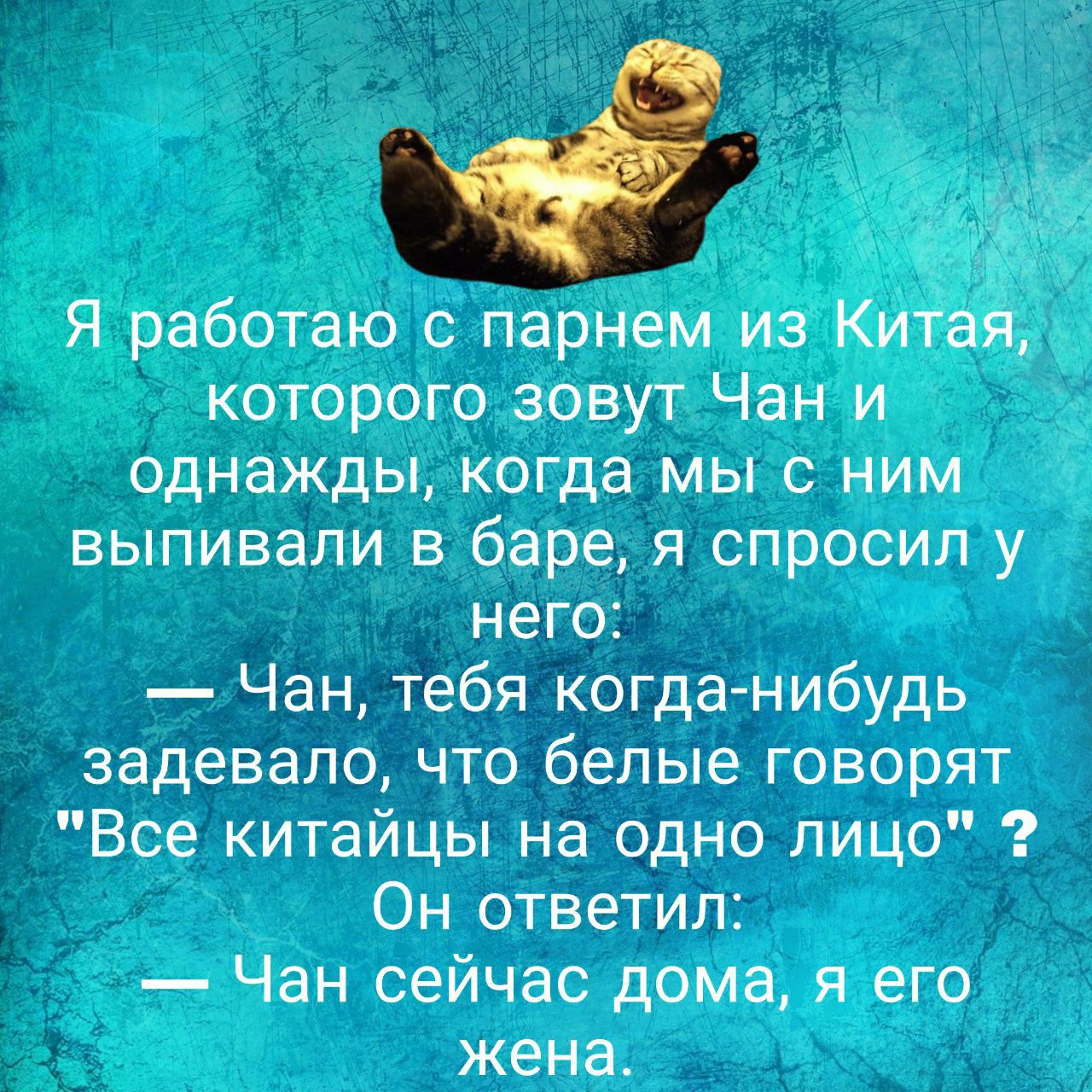 Я работаю с парнем из Китая которого зовут Чани однажды когда мы с ним выпивали в баре я спросил у него Чан тебя когда нибудь задевало что белые говорят Все китайцы на одно лицо Он ответил Чан сейчас дома я его жена