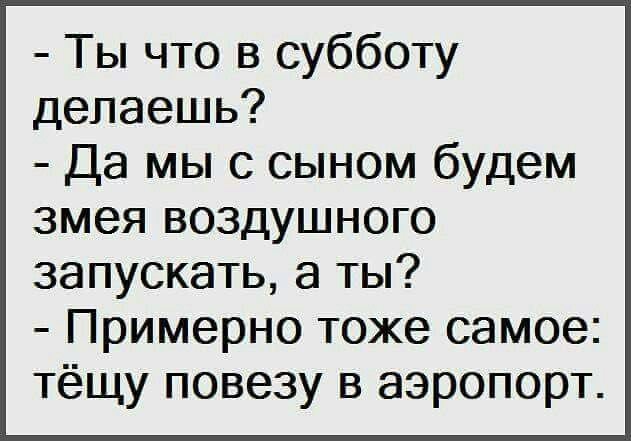 Ты что в субботу делаешь?
Да мы с сыном будем змея воздушного запускать, а ты?
Примерно тоже самое: тёщу повезу в аэропорт.