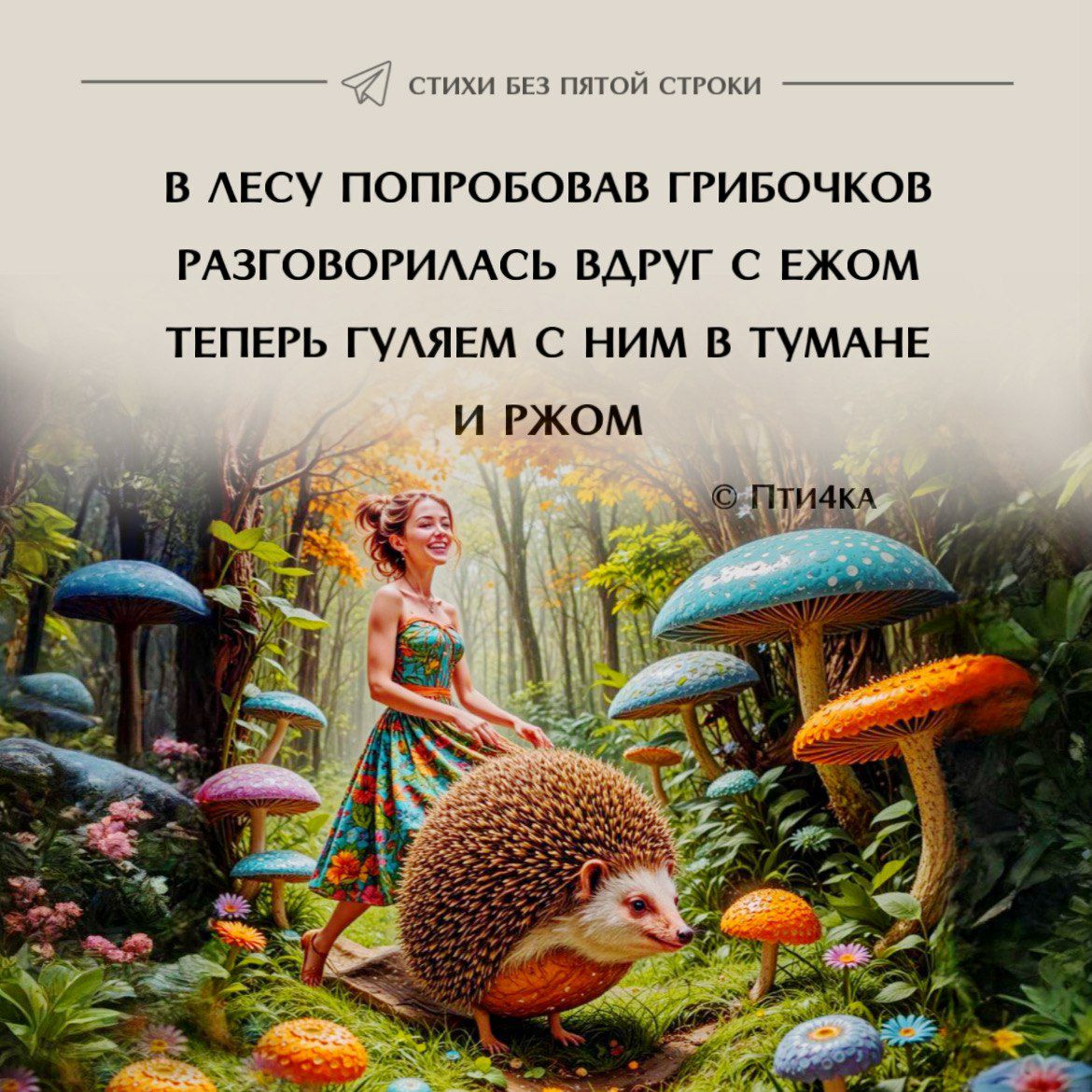 В лесу попробовав грибочков разговорилась вдруг с ежом теперь гуляем с ним в тумане и ржом