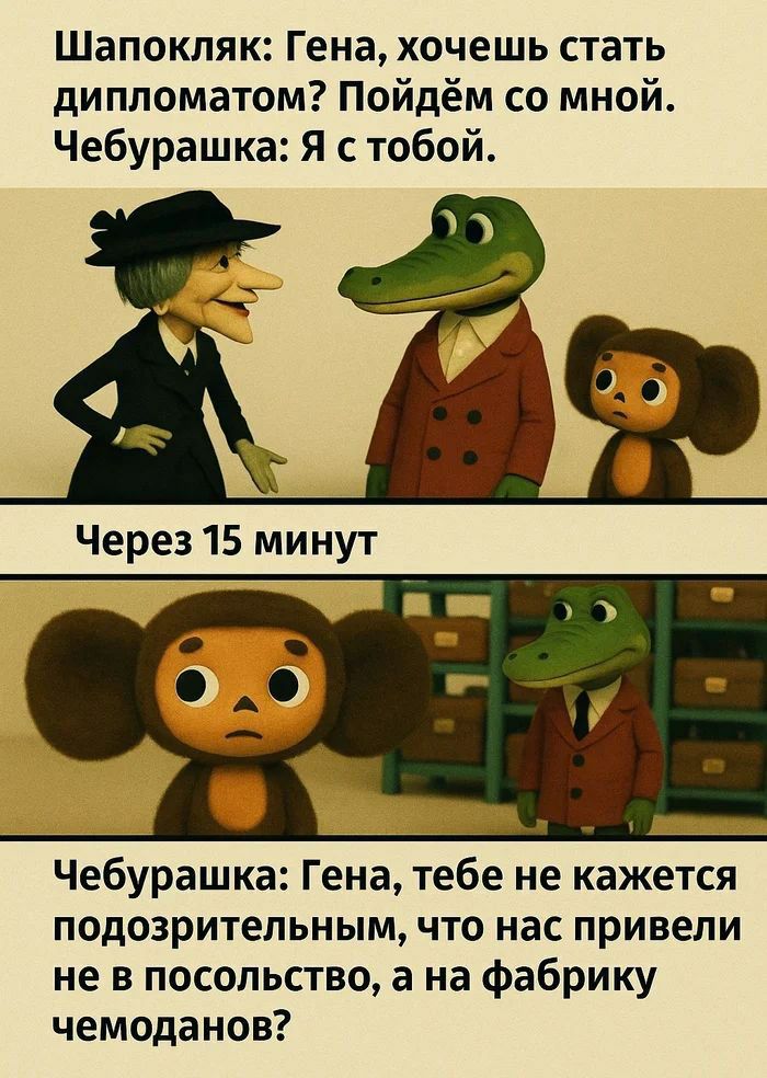 Шапокляк: Гена, хочешь стать дипломатом? Пойдем со мной.
Чебурашка: Я с тобой.
Через 15 минут
Чебурашка: Гена, тебе не кажется подозрительным, что нас привели не в посольство, а на фабрику чемоданов?