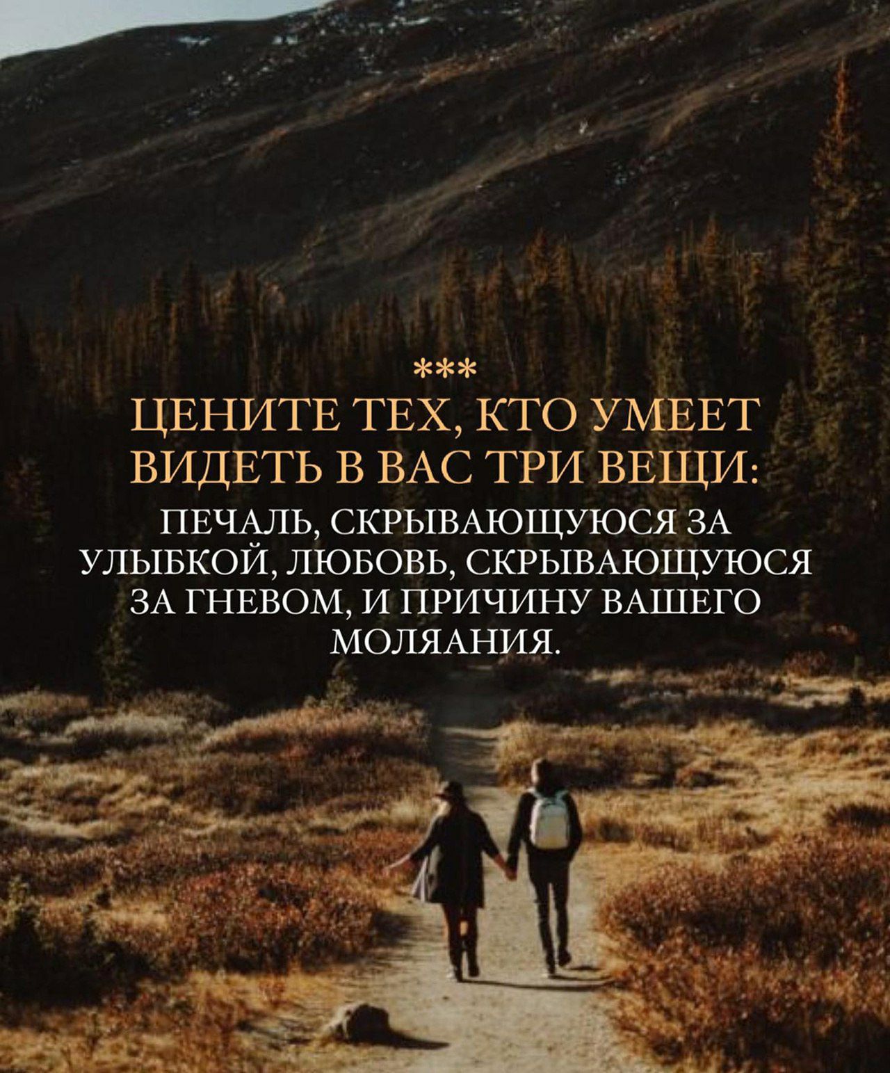 ЦЕНИТЕ ТЕХ, КТО УМЕЕТ ВИДЕТЬ ВАС ТРИ ВЕЩИ: ПЕЧАЛЬ, СКРЫВАЮЩУЮСЯ ЗА УЛЫБКОЙ, ЛЮБОВЬ, СКРЫВАЮЩУЮСЯ ЗА ГНЕВОМ, И ПРИЧИНУ ВАШЕГО МОЛЧАНИЯ.