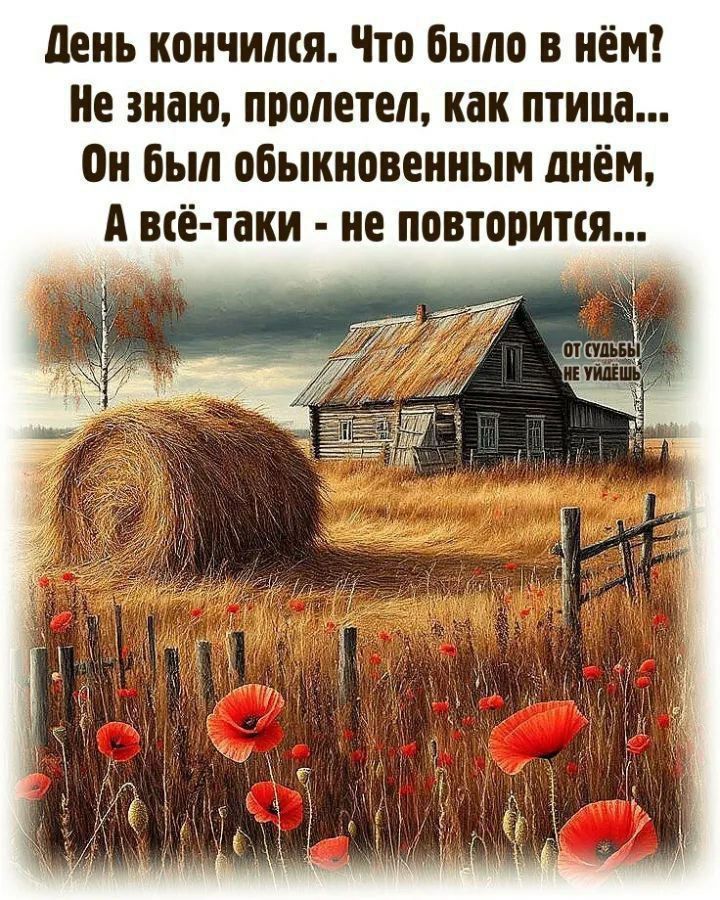 День кончился. Что было в нём? Не знаю, пролетел, как птица... Он был обыкновенным днём, А всё-таки - не повторится...