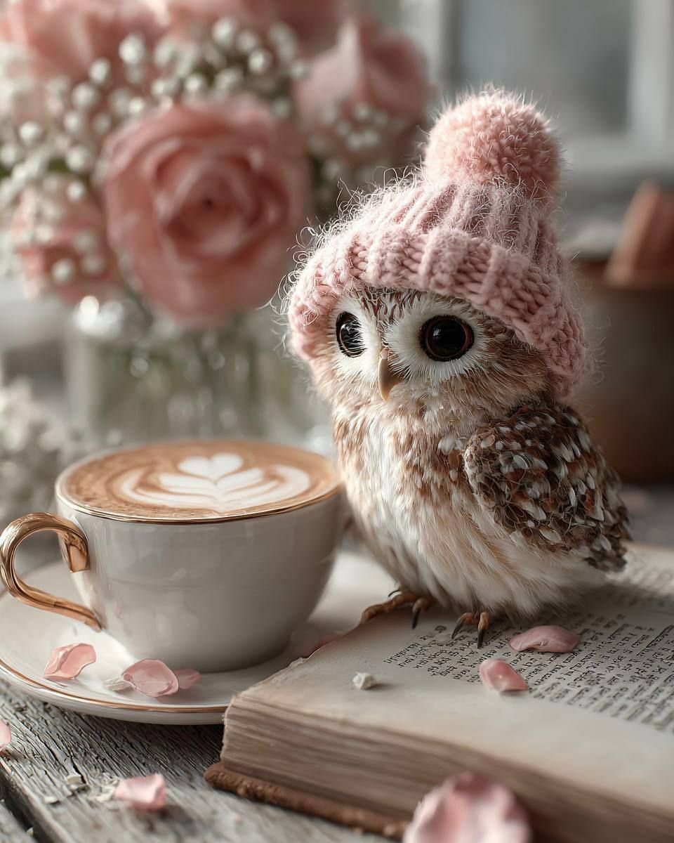 Маленькая сова в розовой шапочке рядом с чашкой кофе и цветами.