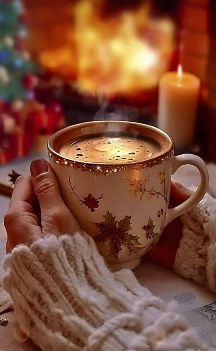 Кружка с горячим напитком в руках, рядом свеча и камин — уютное зимнее настроение.