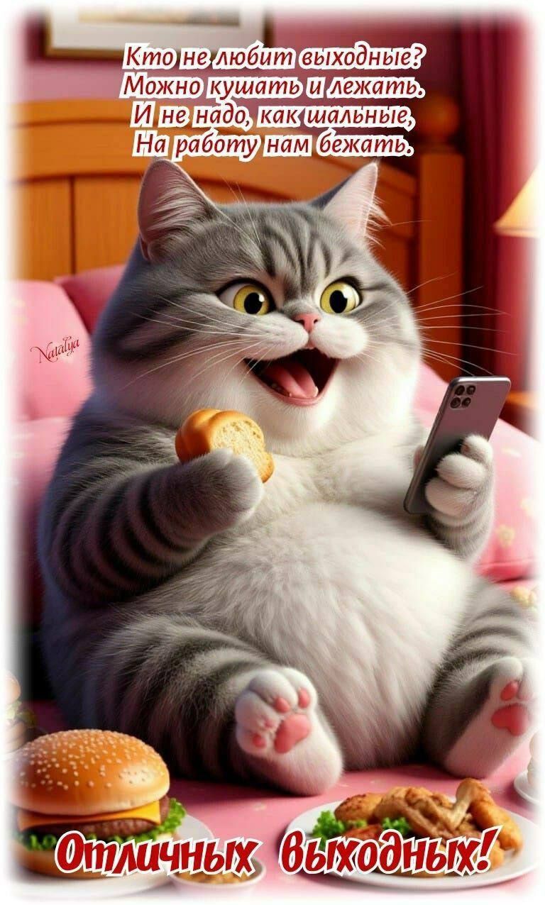 Кто не любит выходные? Можно кушать и лежать. И не надо, как [неразборчиво]. На работу нам бежать. Отличных выходных!