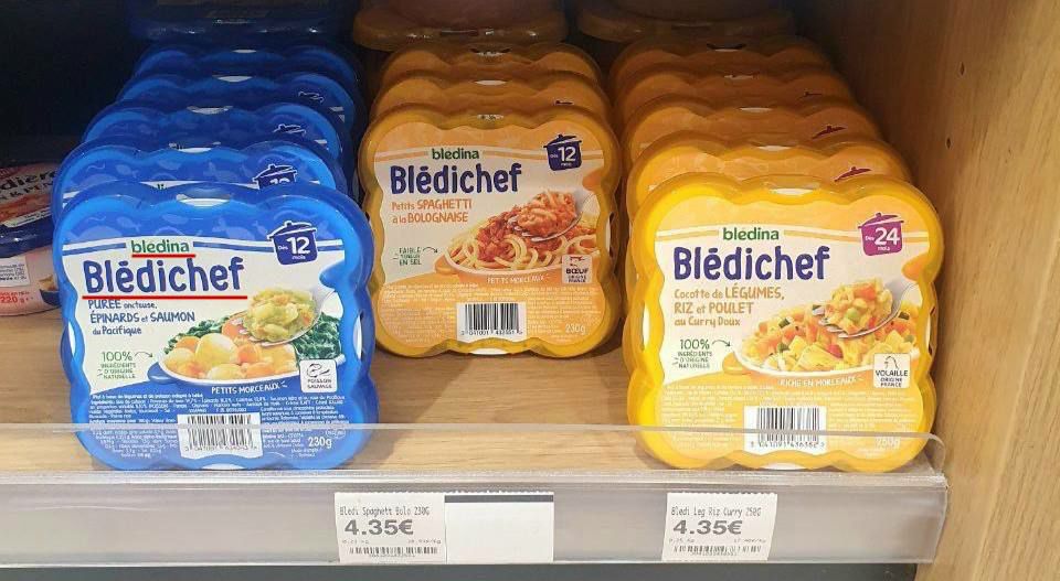 Blédichef на полке магазина, голубые и желтые упаковки; на ценнике видны цены 4.35€.