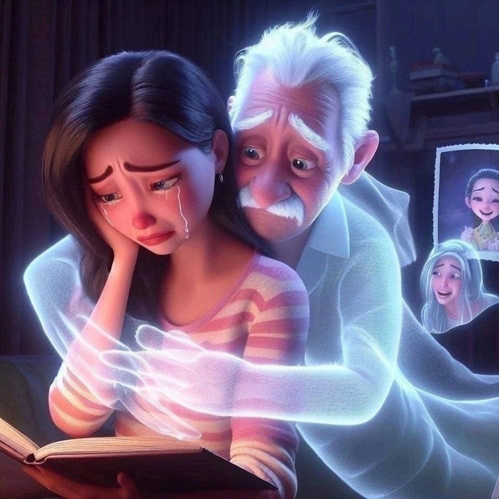 Мультяшная сцена: девушка плачет, за ней призрак старика обнимает/прижимает к плечу и читает книгу.