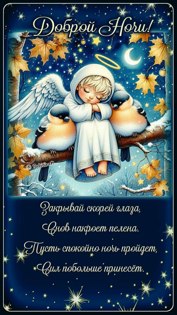 Доброй Ночи! Закрывай скорей глаза, Снов накроет пелена. Пусть спокойно ночь пройдет, Сил побольше принесёт.