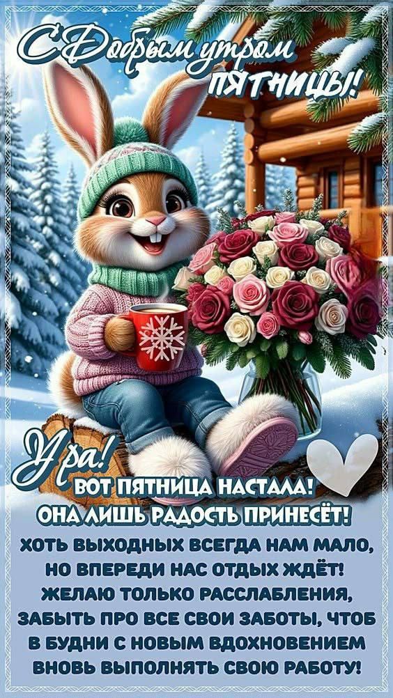 С Добрым утром пятницы! Я! Вот пятница настала! Она лишь радость принесёт! Хоть выходных всегда нам мало, но впереди нас отдых ждёт! Желаю только расслабления, забыть про все свои заботы, чтоб в будни с новым вдохновением вновь выполнять свою работу!