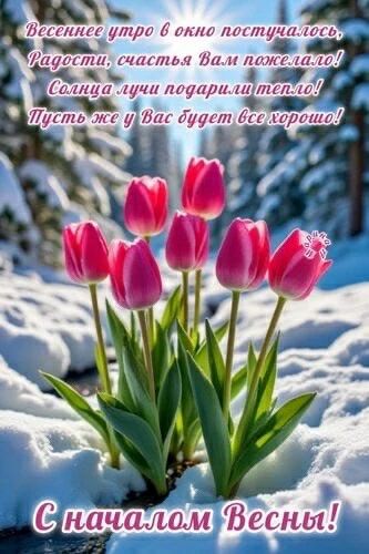 Весеннее утро в окно постучалось, Радости, счастья Вам пожелало! Солнца лучи подарили тепло! Пусть же у Вас будет все хорошо! С началом Весны!