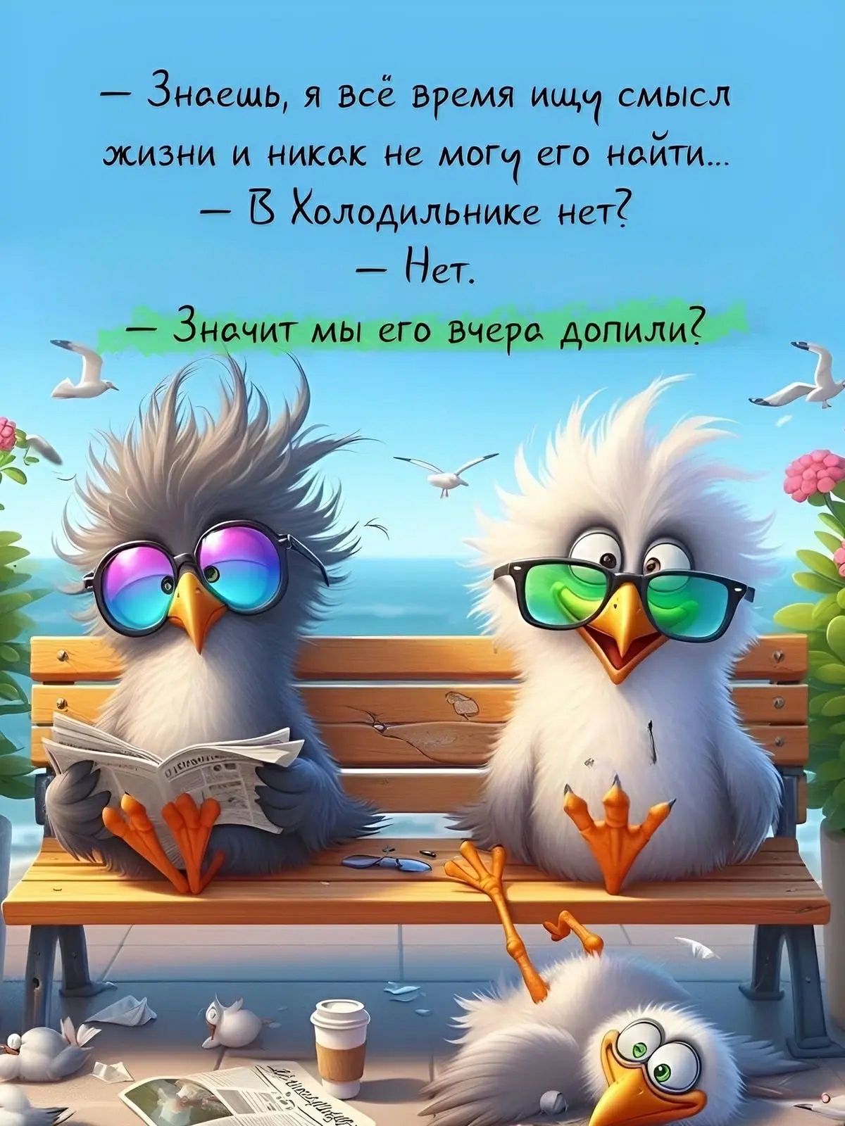 Знаешь, я всё время ищу смысл жизни и никак не могу его найти... В Холодильнике нет? Нет. Значит мы его вчера допили?