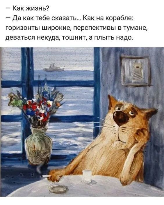 – Как жизнь?
– Да как тебе сказать... Как на корабле: горизонты широкие, перспективы в тумане, деваться некуда, тошнит, а плыть надо.