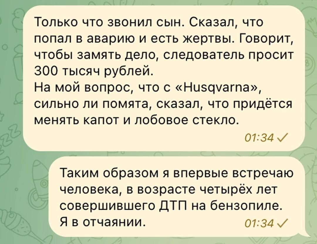 Только что звонил сын Сказал что попал в аварию и ест жертвы Говорит чтобы замять дело следователь просит 300 тысяч рублей На мой вопрос что Низччагпа сильно пи помята сказал что придется менять капот и лобовое стекло 01 ЗА Таким образом я впервые встречаю человека В ВОЗРЗСТЕ четырёх ЛЕТ совершившего ДТП на бензопиле Я в отчаянии и за и