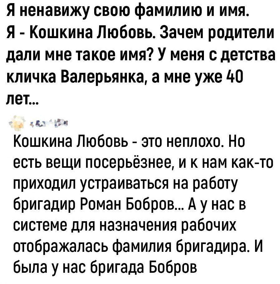 Я ненавижу свою Фамилию и имя Я Кошкина Любовь Зачем родители дали мне такое имя У меня с детства кличка Валерьянка а мне уже 40 лет ц Кошкина Любовь это неплохо Но есть вещи посерьезнее и к нам как то приходил устраиваться на работу бригадир Роман Бобров А у нас в системе для назначения рабочих отображалась фамилия бригадира И была у нас бригада Бобров