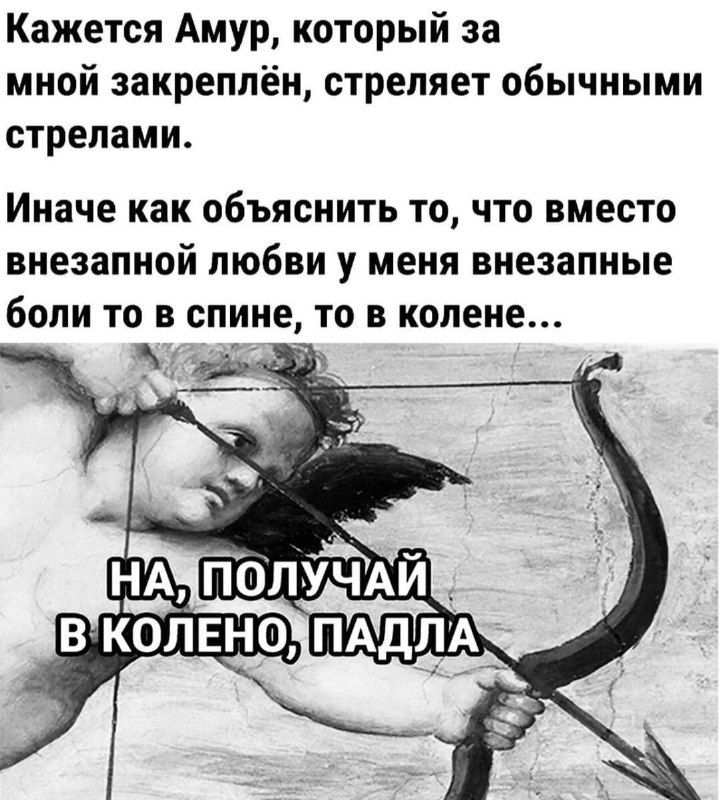 Кажется Амур который за мной закреплён стреляет обычными стрелами Иначе как ОБЪЯСНИТЬ ТО ЧТО ВМЕСТО внезапной любви у меня внезапные боли то В спине то В колене